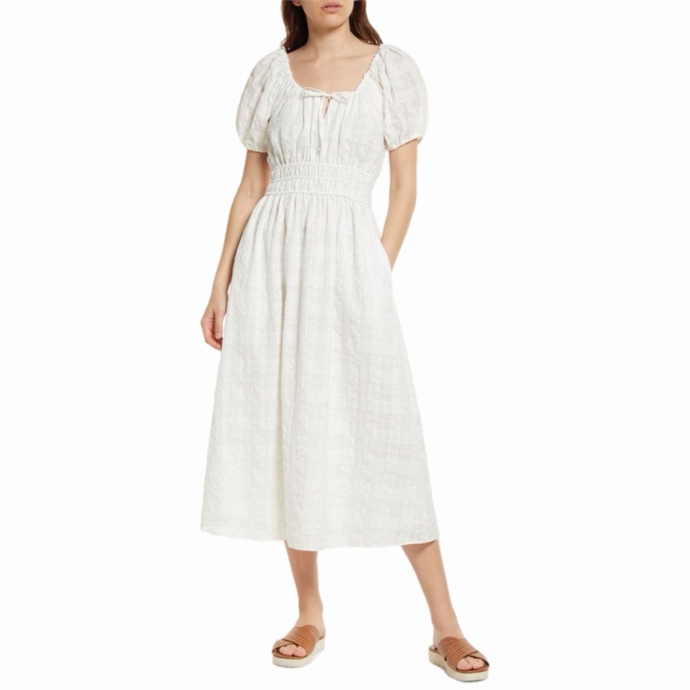 Madewell White Seersucker Milkmaid Midi Dress S Cotrage Core Summer Picnic